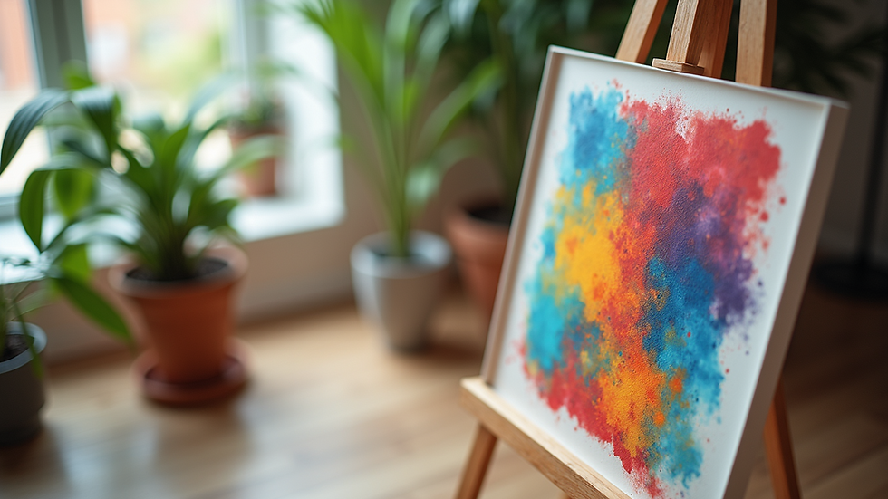 High angle view of colorful abstract art displayed on an easel