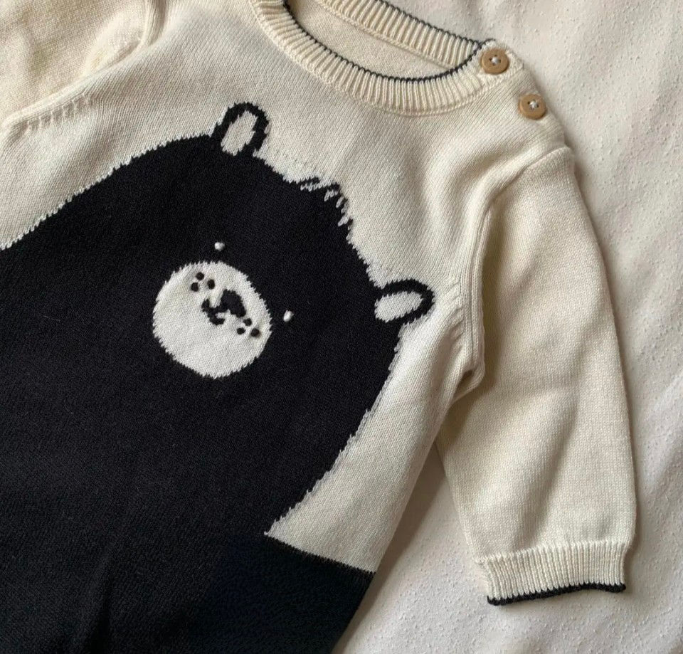 Black and white bear romper front