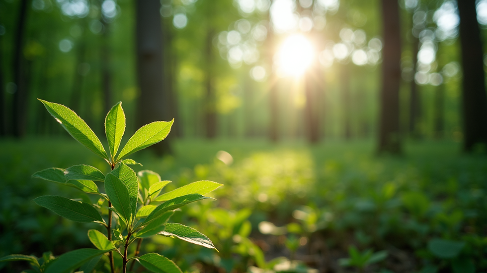 Eye-level view of a lush green forest with sunlight filtering through the leaves