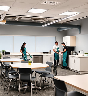 breakroom in office with tables and chairs and kitchen cleaning crew.jpg