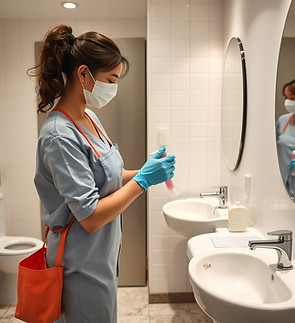 women cleaning and sanitation of restroo