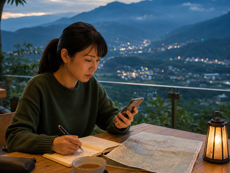 成年女子在南投山城夜色前使用手機、地圖與筆記核對資訊,呈現南投外送茶及南投定點茶搜尋中的地區辨識與安全查證。南投山谷聚落與暮色群山作為背景,一名成年女子坐在戶外桌邊查看手機並記錄資料,桌面放有地圖與茶杯,象徵分散生活圈中的資訊核對。