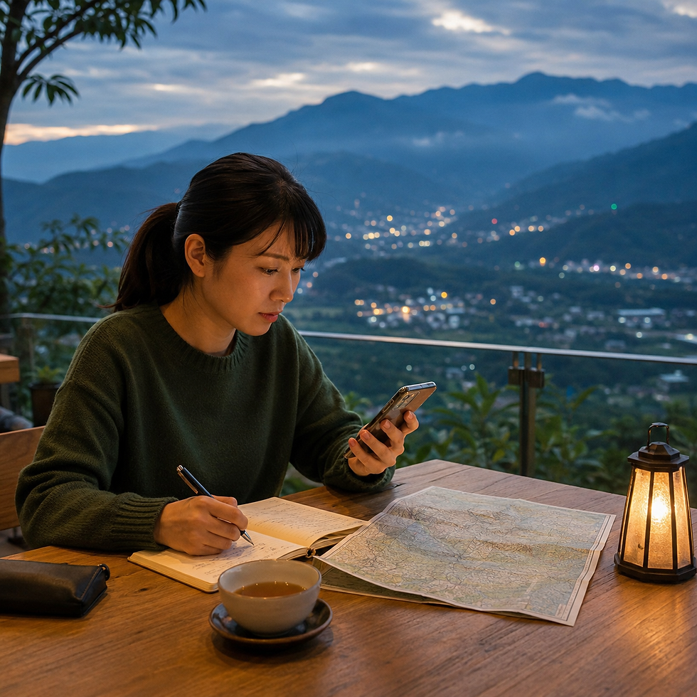 成年女子在南投山城夜色前使用手機、地圖與筆記核對資訊,呈現南投外送茶及南投定點茶搜尋中的地區辨識與安全查證。南投山谷聚落與暮色群山作為背景,一名成年女子坐在戶外桌邊查看手機並記錄資料,桌面放有地圖與茶杯,象徵分散生活圈中的資訊核對。