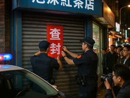 圖中呈現警方在都會區查封一家涉嫌違規經營的泡沫紅茶店。警方正張貼紅色查封封條,現場有媒體記者拍攝,民眾圍觀,店家外觀低調卻暗藏違法交易的事實。畫面突顯警方查緝執法的嚴肅氛圍,以及此類違法場所存在的社會關注。此圖描繪了警方根據民眾檢舉,前往都會區查封一家涉嫌經營不法交易的定點茶店現場。警方全程配合媒體記錄,強調執法透明與公信力。圍觀的群眾表現出對治安問題的關注,亦反映出此類場所對社區安全與形象的影響。儘管警方嚴正執法,卻也揭露出現行法律規範執行上的困難與現實挑戰。