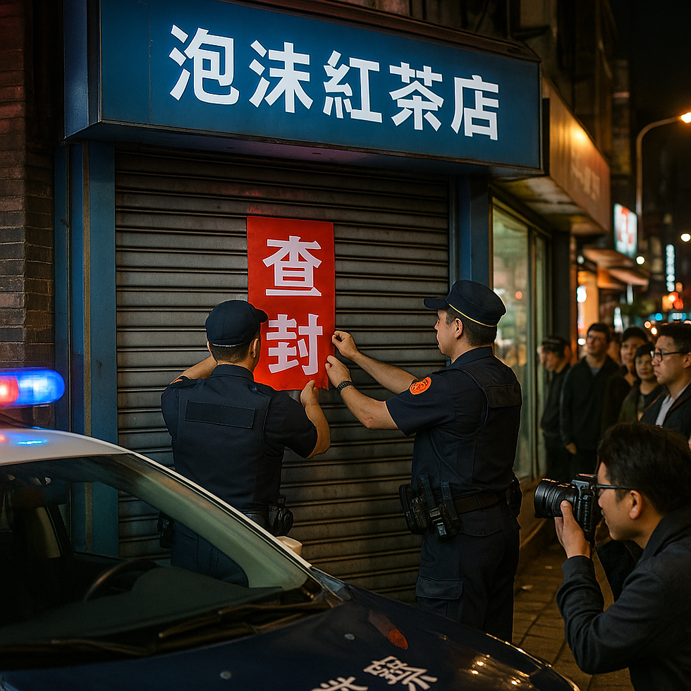 圖中呈現警方在都會區查封一家涉嫌違規經營的泡沫紅茶店。警方正張貼紅色查封封條,現場有媒體記者拍攝,民眾圍觀,店家外觀低調卻暗藏違法交易的事實。畫面突顯警方查緝執法的嚴肅氛圍,以及此類違法場所存在的社會關注。此圖描繪了警方根據民眾檢舉,前往都會區查封一家涉嫌經營不法交易的定點茶店現場。警方全程配合媒體記錄,強調執法透明與公信力。圍觀的群眾表現出對治安問題的關注,亦反映出此類場所對社區安全與形象的影響。儘管警方嚴正執法,卻也揭露出現行法律規範執行上的困難與現實挑戰。