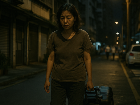一位中年女性於夜色中拖著行李箱,神情憔悴,在台灣都市街頭徘徊。背景可見高樓公寓、昏黃路燈與三三兩兩的路人,整體氛圍孤單、現實。本圖片真實描繪一位遭房東驅趕的定點茶工作者,在城市夜晚帶著簡單行李、無助地尋覓新的棲身之處。她佇立於台灣常見的公寓大樓前,路燈投射下的影子拉長了她的孤寂,也隱喻著社會對這群人的漠視。畫面中的路人步履匆匆,彷彿未曾注意過她的存在,象徵社會對定點茶工作者的冷漠與無聲壓力。整體氛圍強烈呈現流離失所、無根的邊緣處境。