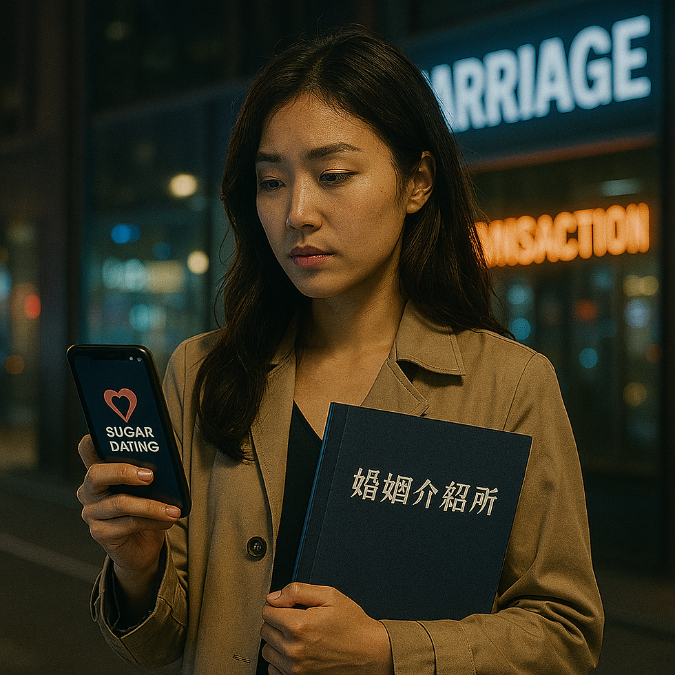 女性同時握有婚介資料與包養App,凸顯「雙重選擇」。這張圖象徵現代女性在婚姻與包養之間的徘徊,背後是經濟壓力、社會期待與個人追求交織的矛盾。