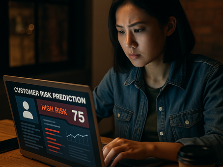 圖片呈現一位年輕女性在夜晚環境下,專注查看筆電上以大數據模型運算出的「高風險客戶評分」。畫面強調外送茶從業者在缺乏制度支持下,必須依靠平台的技術工具自行判斷客戶風險的工作現況。畫面中,女性坐在昏黃燈光照亮的木桌前,筆電螢幕顯示醒目的「High Risk 75」風險標示與多項異常行為指標。她眉頭緊鎖、神情專注,反映出外送茶產業中常見的「資訊壓力」與「自我安全判讀」負擔。夜晚場景營造出高度不確定性與危險感,象徵平台大數據工具雖能提供協助,但仍無法取代從業者的自主判斷,也突顯演算法誤判可能造成的實質風險轉嫁。