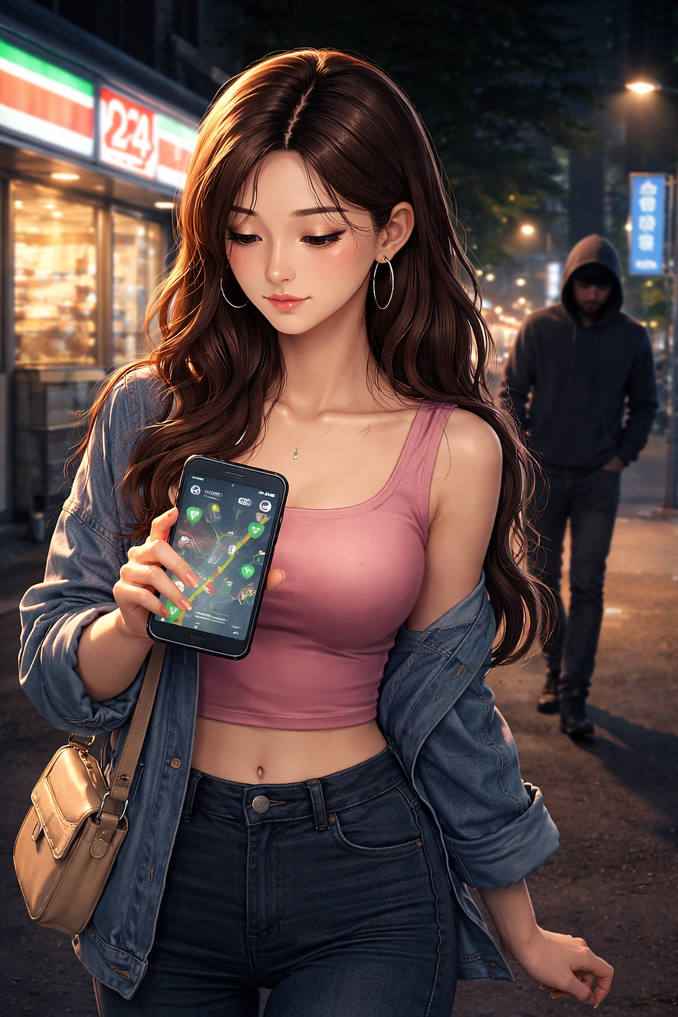 畫面呈現一名女性在夜間城市街道中獨自行走,手持手機使用女性夜間導航App。前景中的她神情專注、步伐穩定,背景則可見昏暗街道、24小時營業店面與一名保持距離的模糊人影,構成潛在風險與安全節點並存的都市夜景。整體光線對比強烈,凸顯夜間移動時女性所需承擔的警覺與判斷壓力。這張影像具體化了女性在夜間城市中進行「即時風險判讀」的日常經驗。她不是被動地暴露在環境之中,而是透過女性夜間導航App主動掌握路線、光源、可求助空間與下一步撤離選項。背景中若隱若現的陌生身影,並非單純指涉個別威脅,而是象徵女性在夜間行動時長期內化的結構性不安全感。此情境亦反映外送茶工作者長年累積的城市夜間知識如何被轉化為可視化的安全工具。透過科技介面,她們的經驗不再只是個人生存策略,而成為可被分享、可被設計、可被公共化的城市能力。畫面中的女性並非恐懼的化身,而是展現一種在不完美環境中仍試圖保有自主與判斷力的行動者姿態,象徵女性在夜間城市中重新奪回移動權與安全定義權的過程。