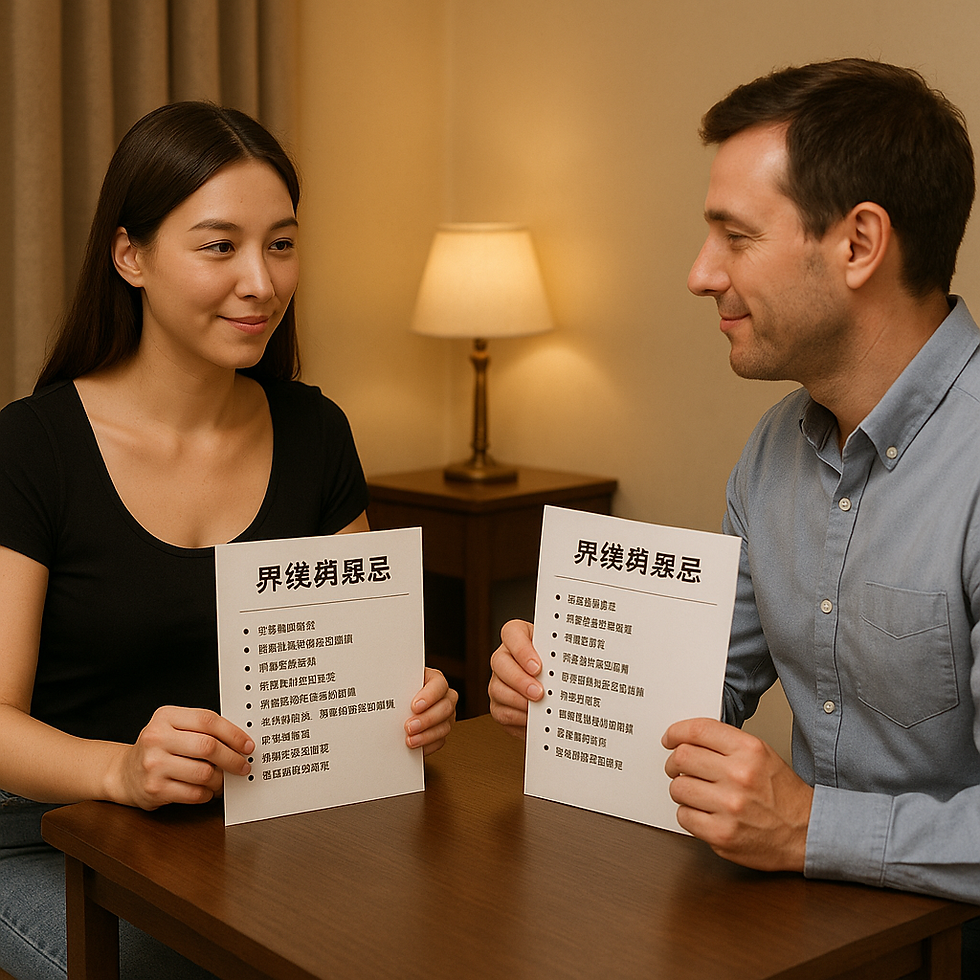 外送茶工作者與客戶在正式互動前,雙方各自擁有列明「界線與禁忌」的條列清單,彼此進行坦誠的溝通與確認。透過正式化的程序,使服務過程更透明與尊重,提升交易雙方的安全感。畫面中,外送茶工作者與客戶在小型會談桌前對坐,桌上攤開列明細項的清單。雙方目光交流並點頭致意,展現出互相尊重與理解的氛圍。這一場景強調了現代性產業在界線協商上的成熟與專業,也反映了默契條款的逐步落實,使雙方都能安心進行後續互動。