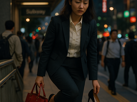 一位穿著正式西裝的女性下班後於地鐵出口換下高跟鞋,手提一個紅色性感包包,表情疲憊卻堅定,周遭是下班潮的群眾,背景遠處則微露夜色與霓虹燈。畫面展現女性從白天的職場專業身分過渡至夜間的私密包養生活,一種「從社會角色轉換為私人角色」的無聲儀式。她腳步沉重卻堅定,象徵女性在雙重生活下的意志與脆弱共存。
