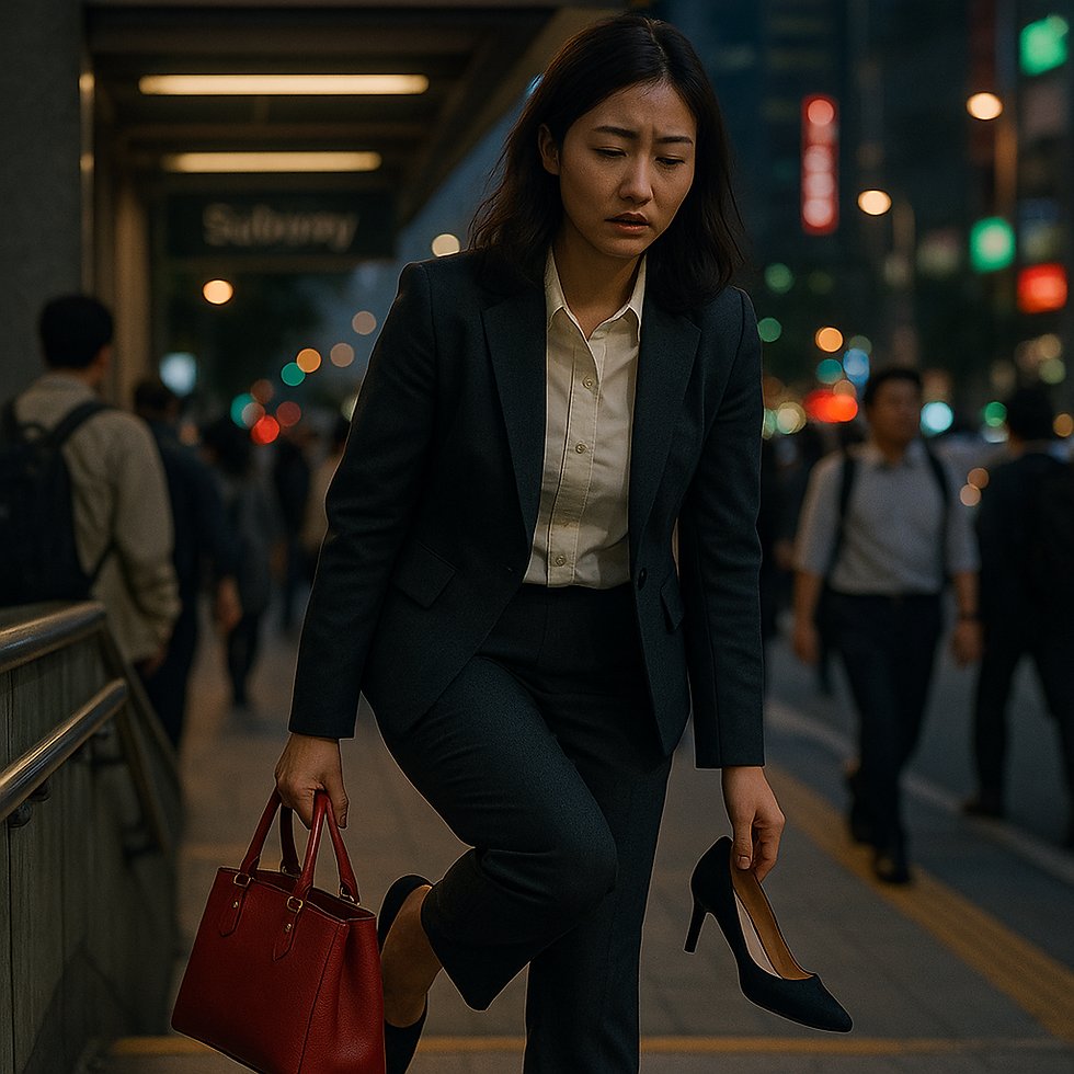 一位穿著正式西裝的女性下班後於地鐵出口換下高跟鞋,手提一個紅色性感包包,表情疲憊卻堅定,周遭是下班潮的群眾,背景遠處則微露夜色與霓虹燈。畫面展現女性從白天的職場專業身分過渡至夜間的私密包養生活,一種「從社會角色轉換為私人角色」的無聲儀式。她腳步沉重卻堅定,象徵女性在雙重生活下的意志與脆弱共存。