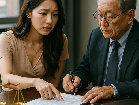 一名年輕女子神情嚴肅地與律師討論文件,桌上擺有保險契約、天秤與法槌,象徵法律與道德的交鋒。此畫面展現包養女在金主過世後面臨保險金糾紛的無助與堅毅。她並非為金錢爭奪,而是在法律迷霧中尋求尊嚴與正義的定位。