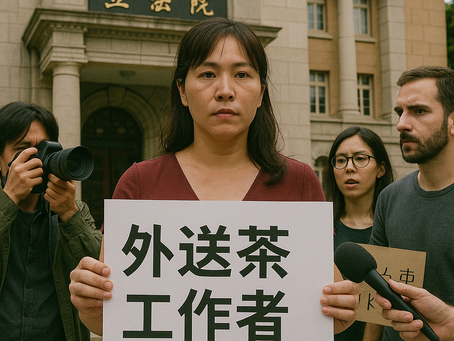 一名女性外送茶工作者在台灣立法院前舉牌表達訴求,牌上寫著「外送茶工作者」,周圍有記者與支持者,象徵她們主體性地為自身權益發聲。這張照片呈現出台灣現代社會外送茶工作者在公共領域中公開發聲的勇氣與堅定。她不僅代表自己,更為廣大同業爭取合理政策,顯現外送茶工作者要求被聆聽與參與政策討論的迫切性。背後的立法院建築和記者鏡頭,則象徵這是制度與社會共同見證歷史進程的時刻。