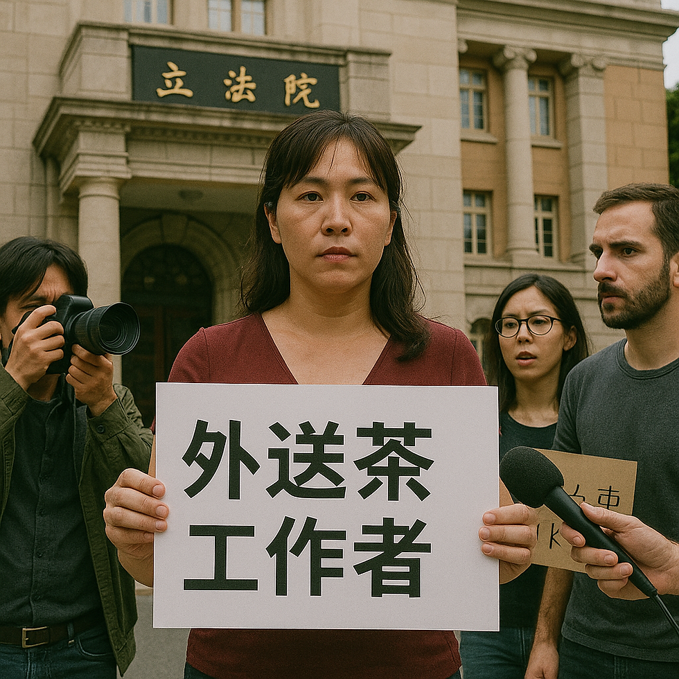 一名女性外送茶工作者在台灣立法院前舉牌表達訴求,牌上寫著「外送茶工作者」,周圍有記者與支持者,象徵她們主體性地為自身權益發聲。這張照片呈現出台灣現代社會外送茶工作者在公共領域中公開發聲的勇氣與堅定。她不僅代表自己,更為廣大同業爭取合理政策,顯現外送茶工作者要求被聆聽與參與政策討論的迫切性。背後的立法院建築和記者鏡頭,則象徵這是制度與社會共同見證歷史進程的時刻。