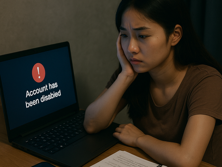 畫面呈現一名年輕女性望著電腦螢幕,上面清楚顯示「帳號已停用」的警告訊息。桌上擺著她的手機與筆記本,象徵外送茶工作者與生活規劃被突然打斷。此圖表達外送茶工作者在跨國平台嚴格審查下,帳號遭封鎖的無奈處境。她的神情流露焦慮與失落,突顯數位時代中生計被科技規則掌控的現實困境。