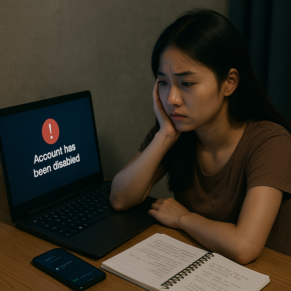 畫面呈現一名年輕女性望著電腦螢幕,上面清楚顯示「帳號已停用」的警告訊息。桌上擺著她的手機與筆記本,象徵外送茶工作者與生活規劃被突然打斷。此圖表達外送茶工作者在跨國平台嚴格審查下,帳號遭封鎖的無奈處境。她的神情流露焦慮與失落,突顯數位時代中生計被科技規則掌控的現實困境。