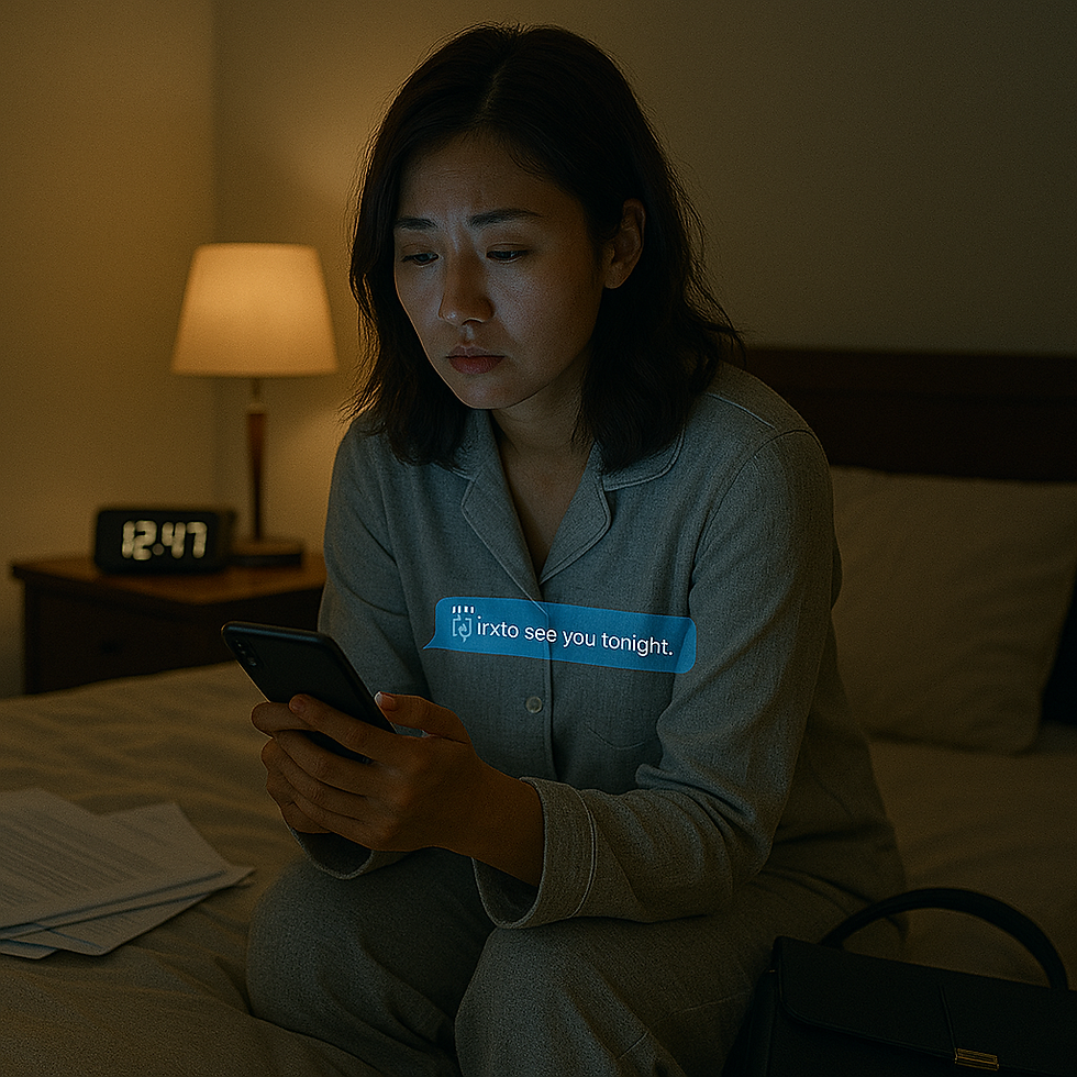 房間內燈光昏黃,一位身穿睡衣的女性坐在床邊,眼神複雜地盯著手機,手機畫面顯示一則來自金主的訊息:「今天還想見你」。她身邊是沒收拾的文件、公事包,時間顯示深夜12:47。圖像呈現出內心疲憊與情緒負擔交織的真實狀態。她不只是上班族的自己,也是一個被期待陪伴的對象。手機螢光映照出一種情感矛盾與現實拉扯的縮影。