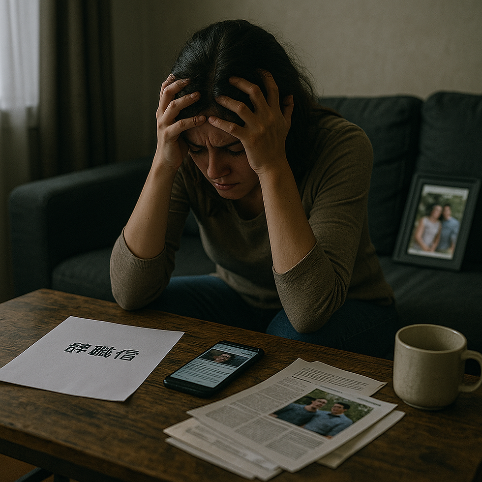 外送茶女在凌亂客廳抱頭痛哭,桌上散落辭職信、新聞報導與家庭照片。表現AI技術帶來的社會與家庭壓力,使個人陷入全面崩毀的絕境。