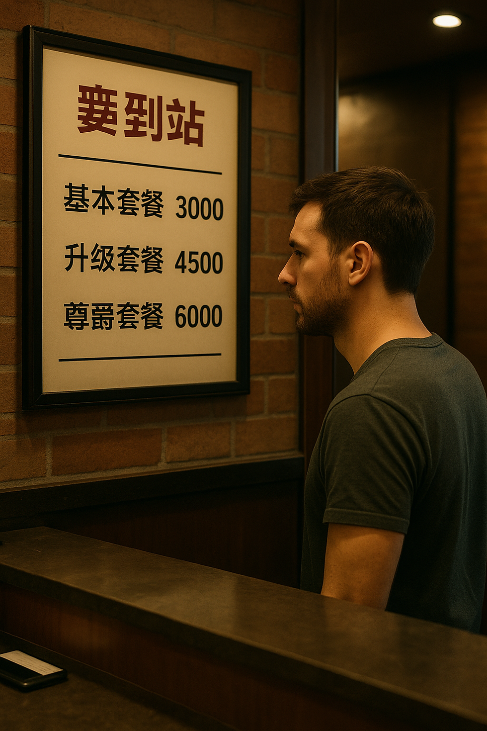 一位年輕男性顧客站在外送茶櫃檯前,專心瀏覽明確標示的套餐式價目表,價目表上清楚列出「基本套餐」、「升級套餐」、「尊爵套餐」等多種選項,數字一目瞭然。店內空間溫暖且現代,營造出一種「像點餐一樣簡單」的透明消費氛圍。這張圖片強調了現今外送茶行業為吸引顧客、促進消費,所採取的套餐式定價模式。明碼標價不僅降低了消費疑慮,也讓消費流程更加簡單透明。然而,這種看似便利的消費模式,實際上也悄悄改變了行業生態,讓性產業逐漸商品化,並帶來更激烈的價格競爭。