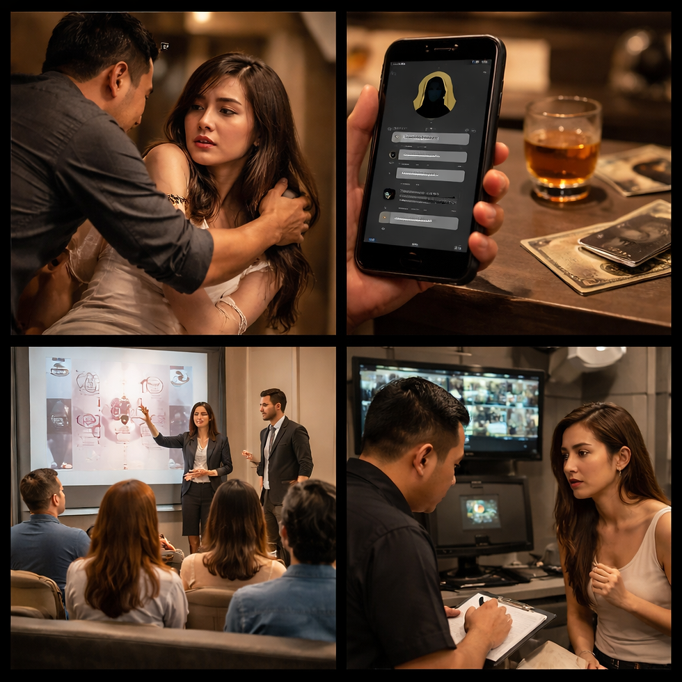 本圖以寫實風格呈現定點茶場域中，因客戶匿名性提高而衍生出的多層次風險與治理困境。四個場景分別象徵定點茶互動中可能出現的身體越界、匿名通訊與現金交易所加劇的去責任化心理、以社會教育導入尊重與同意觀念的集體學習場域，以及事件發生後透過紀錄、對談與安全機制進行支持與處理的實務面向。整體畫面以不同空間情境串連出定點茶問題並非單一個人失控，而是匿名結構、消費文化與教育不足交織所形成的社會現象。這張圖片以四格分鏡的方式，具體描繪出定點茶情境下匿名性如何一步步推高越界行為與暴力風險。左上角呈現一名女性在封閉空間中面對不受歡迎接觸時的戒備與壓力，突顯定點茶互動中若缺乏界線意識與同意文化，客戶很容易把匿名視為免責條件。右上角則以手機、匿名帳號、酒杯與現金構成畫面核心，象徵定點茶交易在數位聯絡與現場消費交錯之下，容易使部分人把他人當作可以隨意處置的對象，進而強化去責任化的暴力心理。左下角的講授場景代表另一種可能：若社會能針對定點茶相關議題推動尊重、同意、身體自主與責任倫理的教育，便能在事前降低匿名條件下的失序風險。右下角則描繪事件後的紀錄與支持，象徵定點茶場域若有更可信的申訴窗口、保護程序與回應機制，工作者便較有機會打破沉默、避免傷害持續擴大。整體而言，這張圖不只是描述定點茶空間中的個別衝突，而是透過視覺方式呈現文章核心主張：面對定點茶客戶匿名性帶來的越界問題，真正有效的回應不只是懲罰，而是結合教育、制度、申訴與社會責任重建的整體治理。