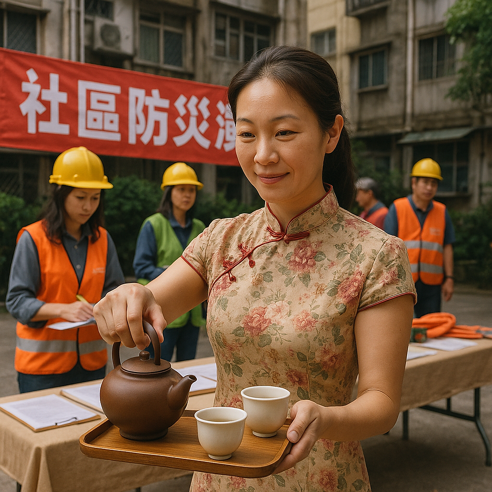 圖中呈現一位定點茶女身著旗袍,在防災演練現場為居民與志工奉茶,背景可見「社區防災演練」紅布條與穿著安全背心的人群,象徵她以日常溫情重建社區連結。這幅畫面代表定點茶產業女性在公共活動中展現柔性力量,透過奉茶的象徵行動實現社會再整合,將原本被排斥的身份轉化為互助與信任的橋樑。