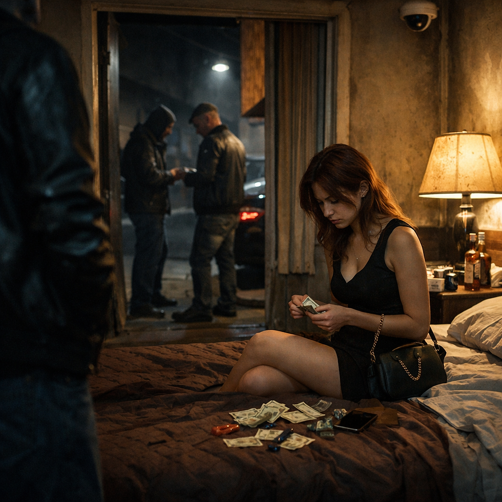 在昏黃燈光的房間內,援交女子低頭清點鈔票,床面散落的物件與凌亂痕跡暗示處境的緊繃與不安;門口或窗邊可見模糊人影在外低聲交談,形成「室內壓迫」與「室外監視」的雙重氛圍。整體以寫實風格呈現,強調孤立感、風險感與情境的灰階張力。這張畫面將交易後的靜默拉到最前景:不是喧鬧,而是一種被迫把情緒收起來的生存日常。室內的燈光像一個狹窄的舞台,人物在其中顯得格外孤單;室外的人影則像提醒——任何選擇都伴隨代價。它所指向的不是單一事件,而是當交易被推向更隱密場域時,安全、信任與自主如何被逐步壓縮。