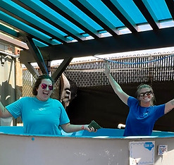 Two sea turtle husbandry volunteers cleaning a rehabilitation tank.