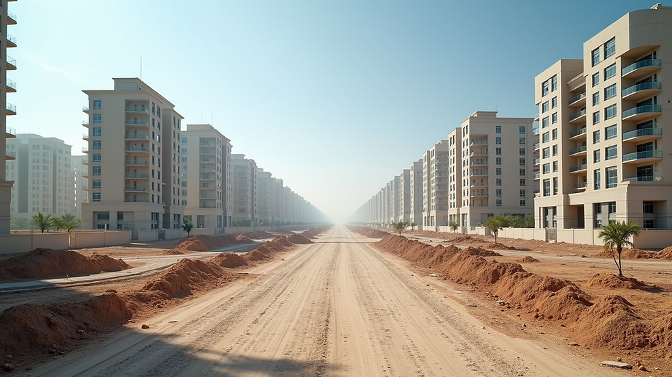 Wide angle view of a bustling Dubai real estate development site
