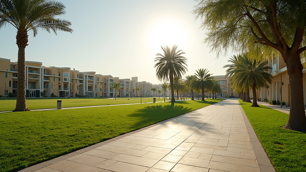 Wide angle view of Sobha City Abu Dhabi community park with walking paths and trees