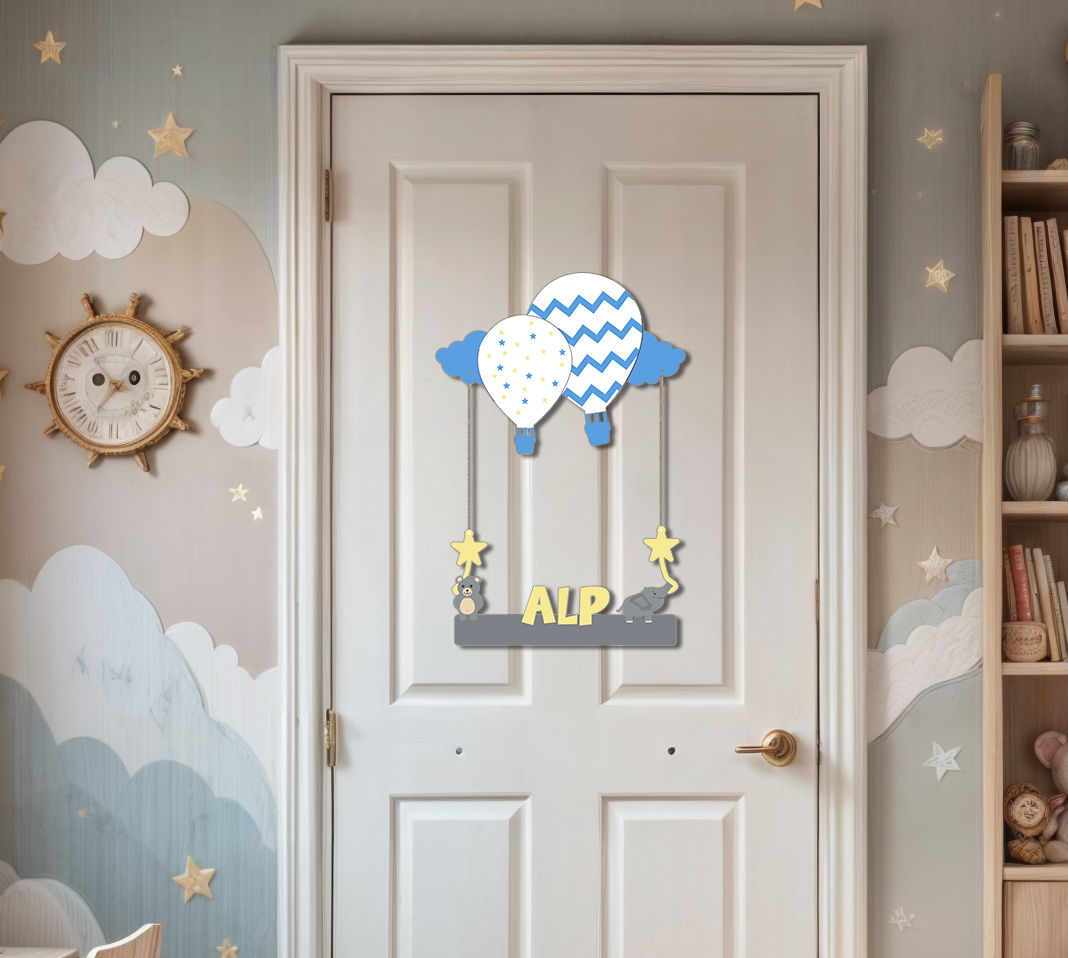 İsme Özel Balon Tasarımlı Bebek/Çocuk Ahşap Kapı Süsü (Mavi)
