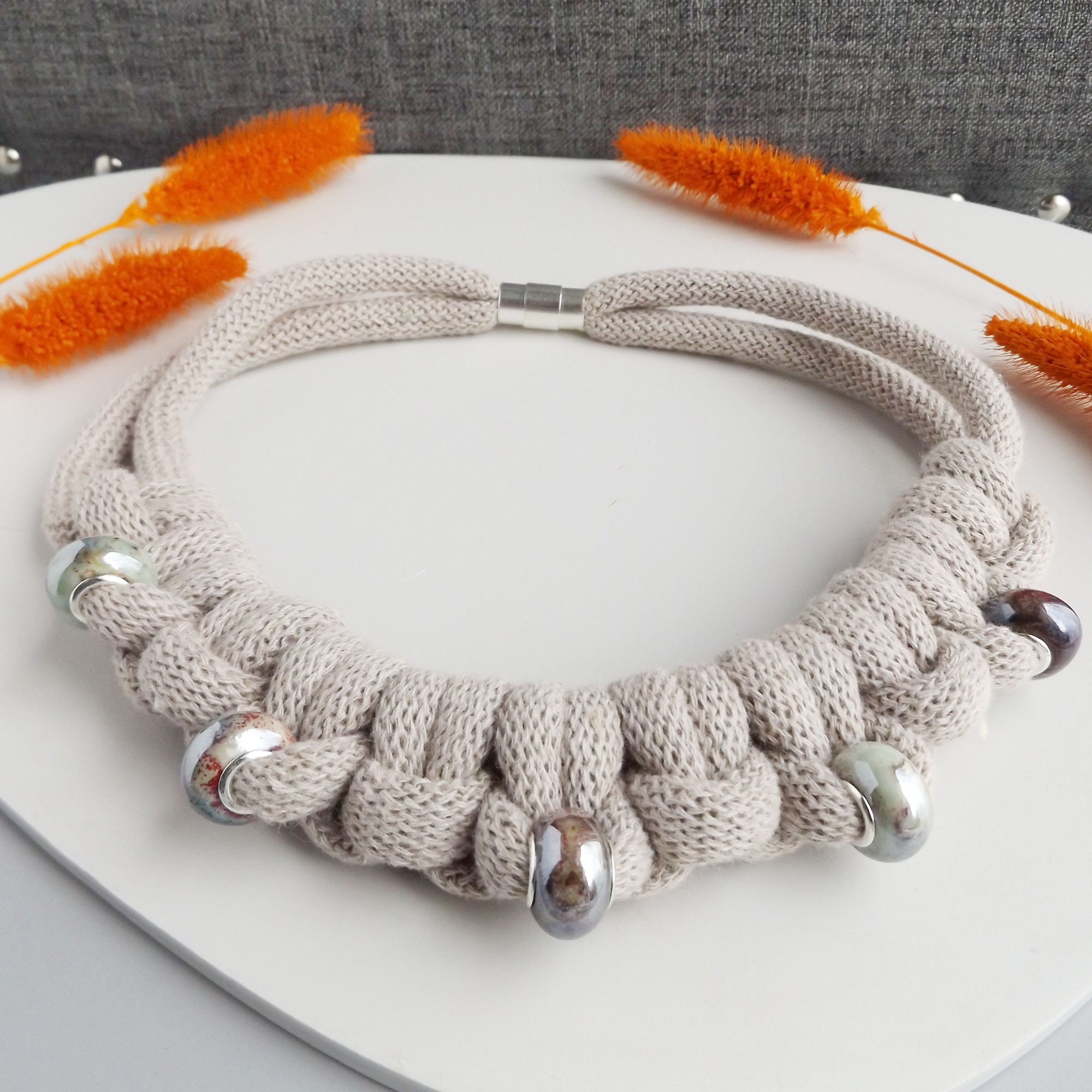 Ellie Chunky Rope Necklace with Porcelain Beads - Dove