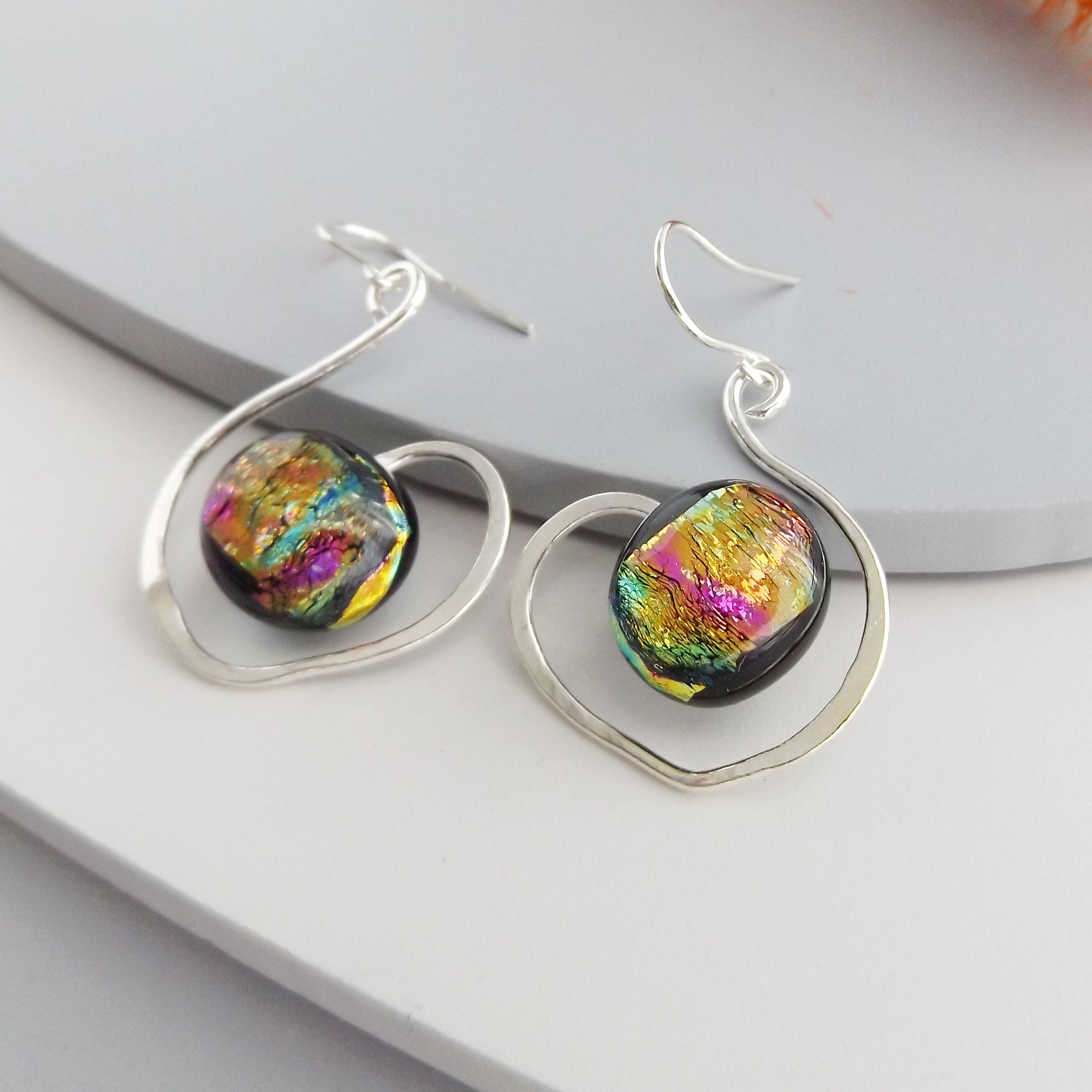 Fine Silver Wire Earrings with Dichroic Glass details