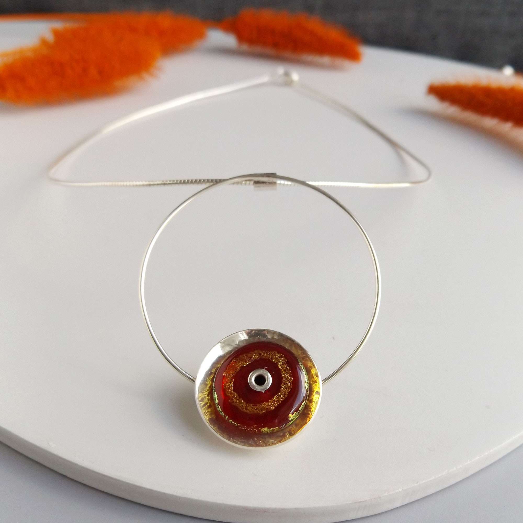 Red Circles Necklace with Golden Dichroic Glass accents