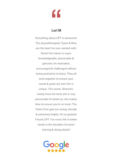 Testimonials About LIFT Fitness & Physiotherapy