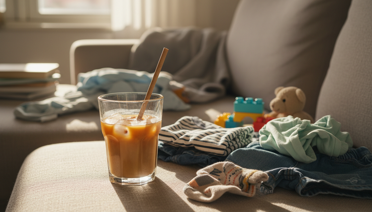Close-up view of a half-finished iced coffee beside a pile of children’s laundry