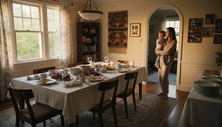 Wide-angle view of a quiet dining room after a family gathering with a mother and child near the doorway
