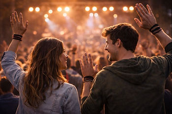 A man and a woman enjoying the concert waving their hands in the air.