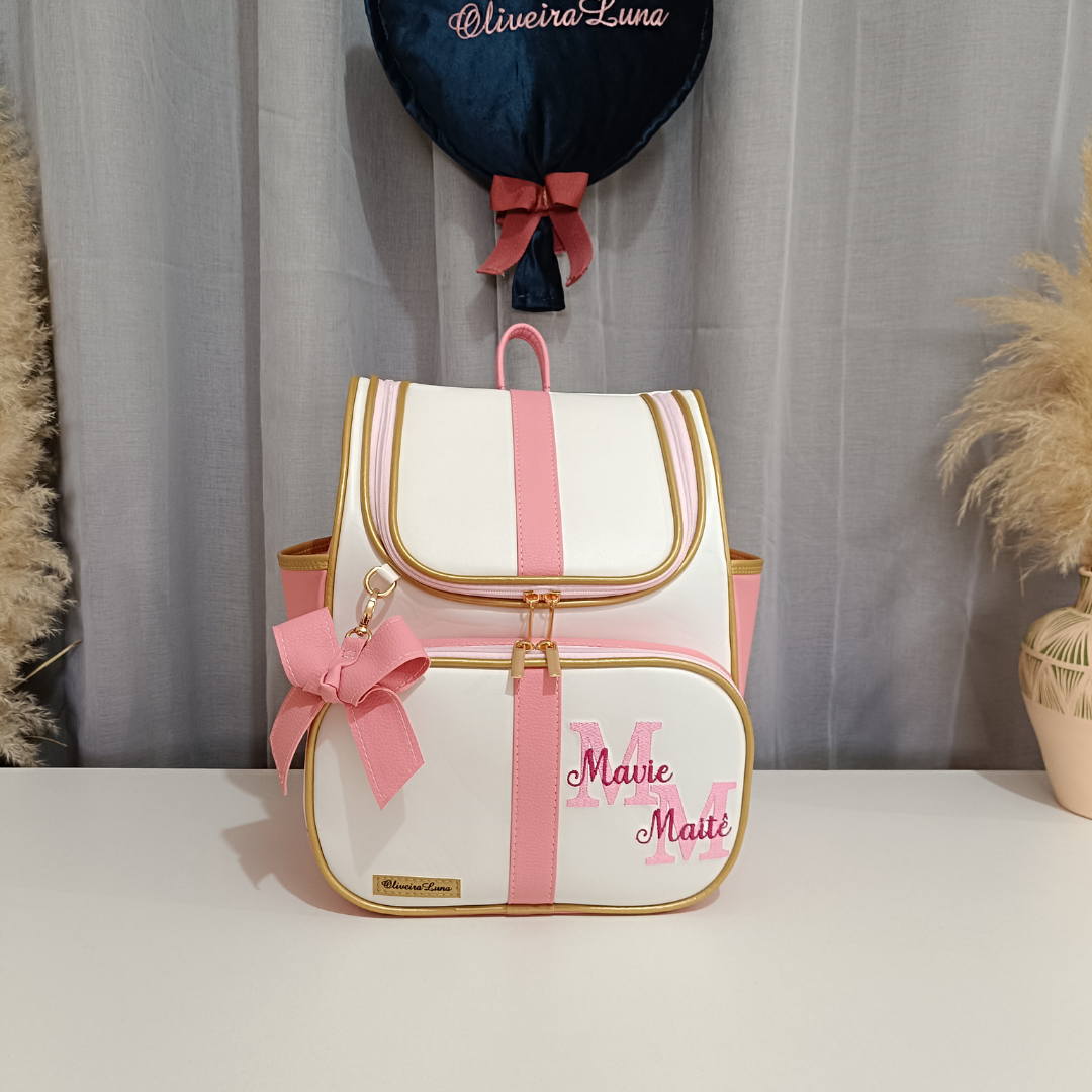 Mochila Maternidade, branco rosa bebe e dourado, personalizado com nome da bebé.