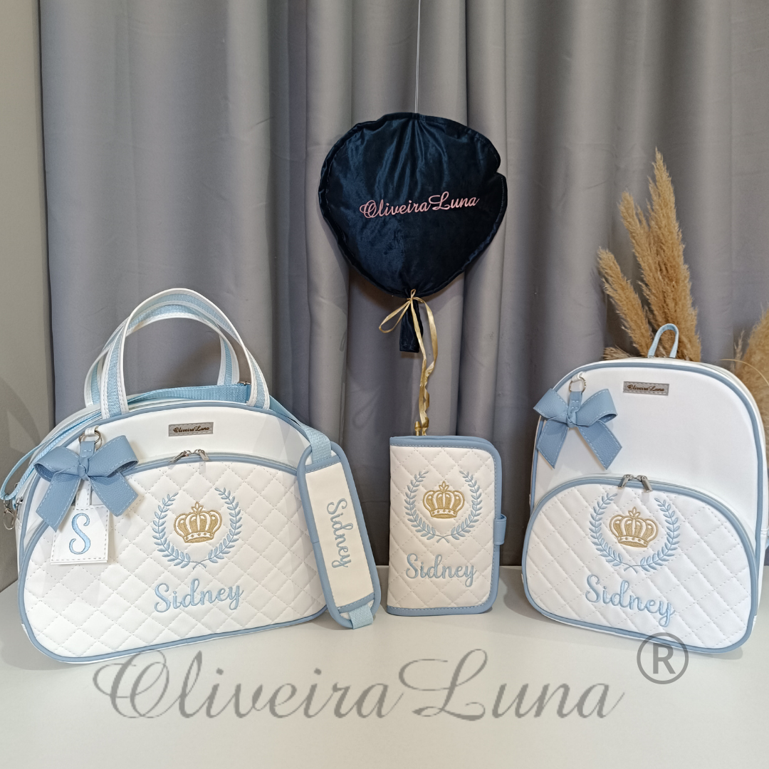 Kit maternidade branco e azul bebé coroa, personalizado com nome de seu bebé