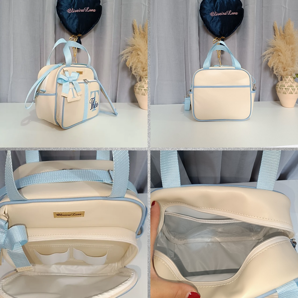 Miniatura: Kit maternidade bege e azul bebé personalizado com nome de seu bebé 