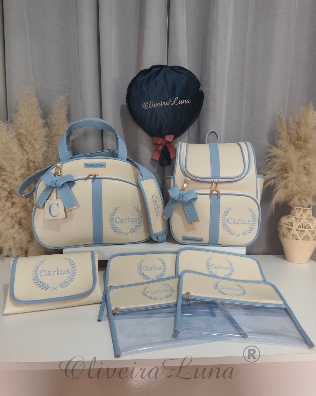 Kit mala maternidade, bege e azul bebé, personalizado com nome do seu bebé.