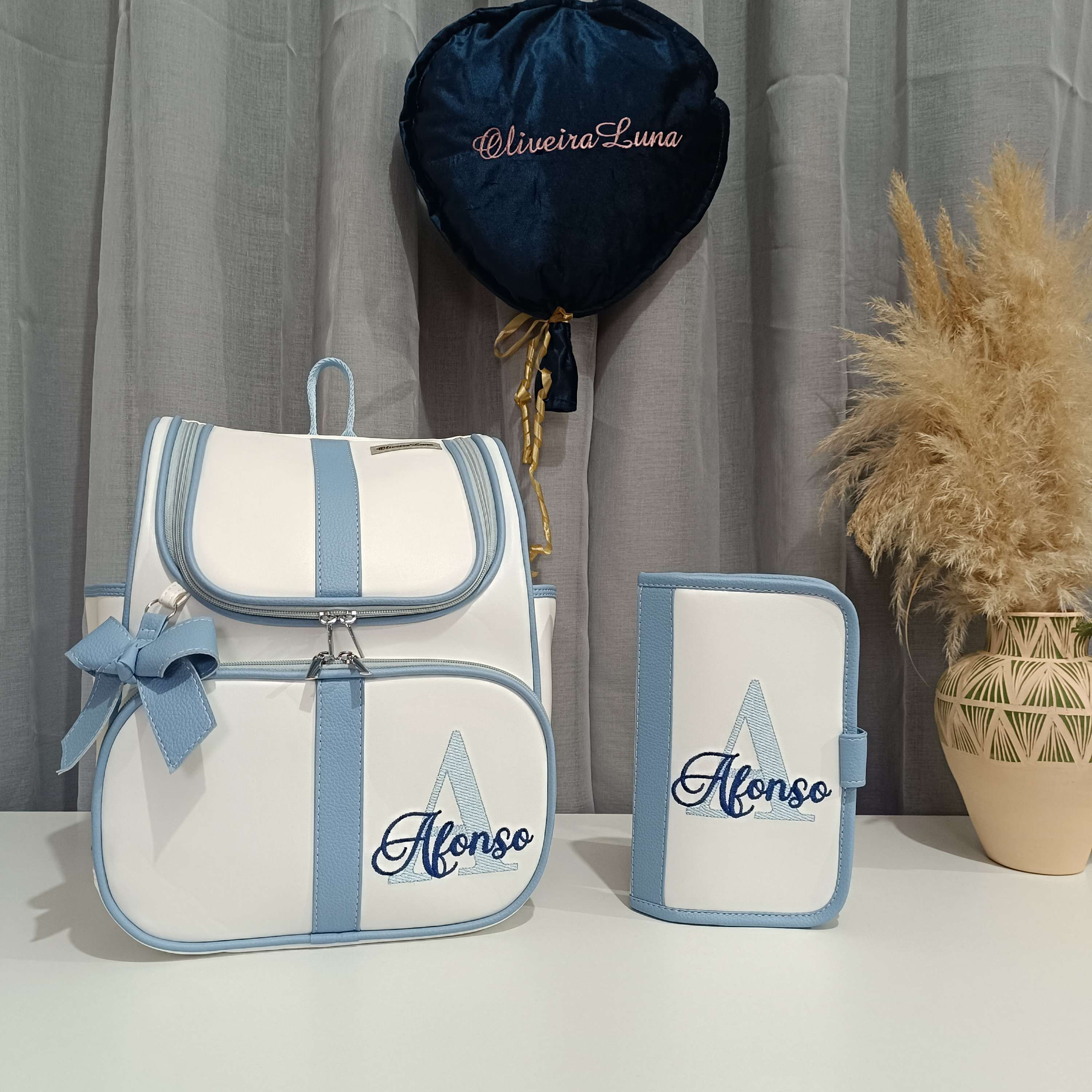 Kit Mochila Maternidade branco com azul bebé personalizado com nome de seu bebé 