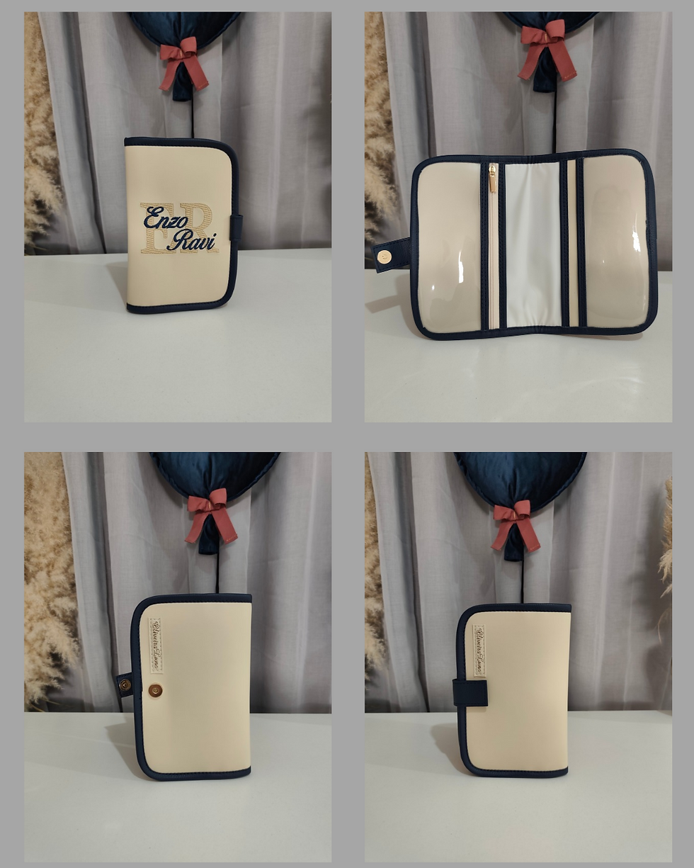 Miniatura: Kit mala maternidade, bege e azul marinho, 4 artigos, personalizado.