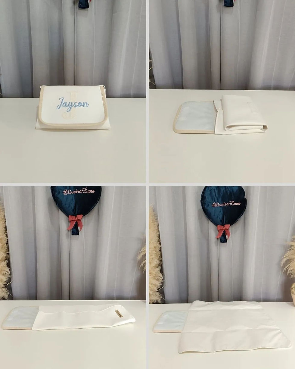 Miniatura: Kit mala maternidade, branco e bege, bordado inicial e nome em azul bebé.