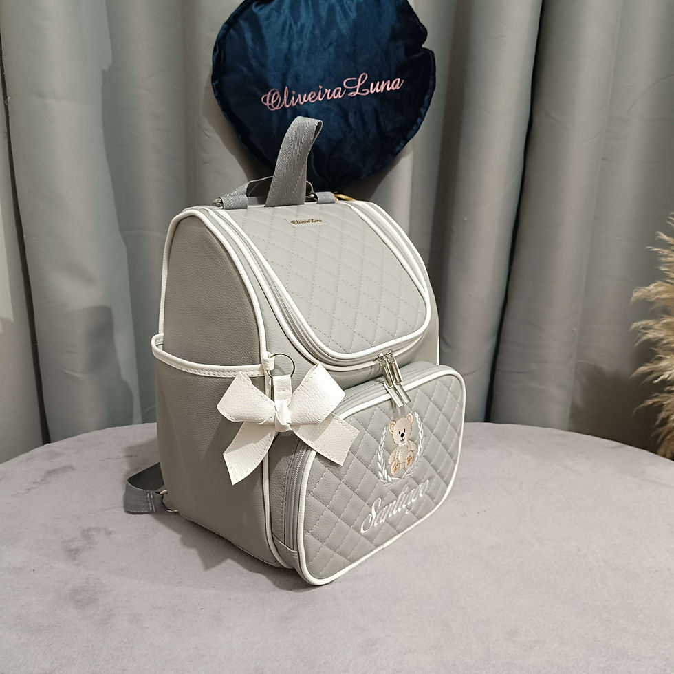 Miniatura: Kit Maternidade cinza e detalhes em branco, personalizado com nome de seu bebé.