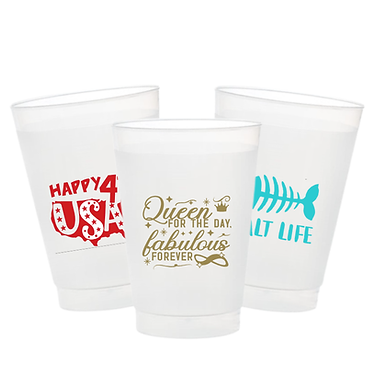 Pre-designed Frost Flex cups with assorted decorative designs for parties, weddings, and events.