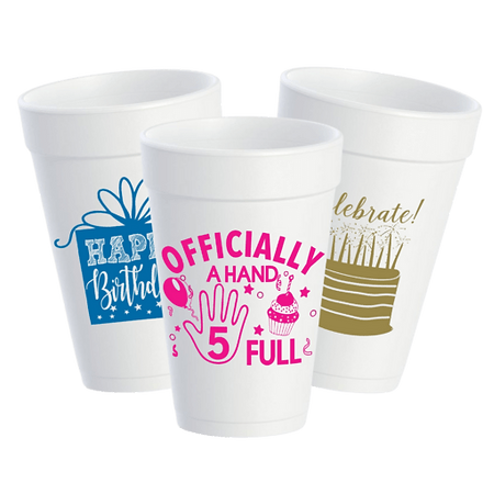 Pre-designed birthday party cups featuring festive and colorful screen-printed designs on Styrofoam cups.