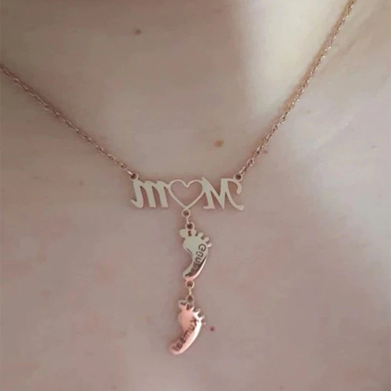 Thumbnail: Custom Footprint Personalized Baby Feet Name Mom Necklace 