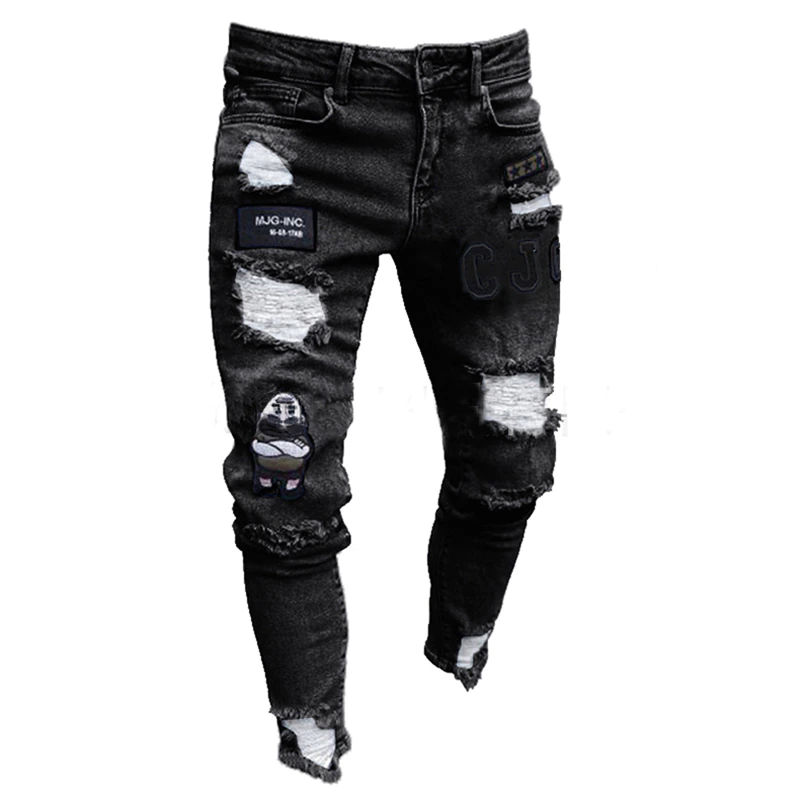 Thumbnail: 3 Styles Men Stretchy Ripped Skinny Biker Embroidery Print Jeans 